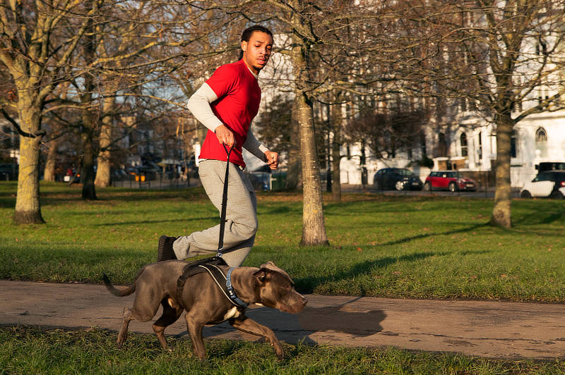 Man running with dog outdoors.